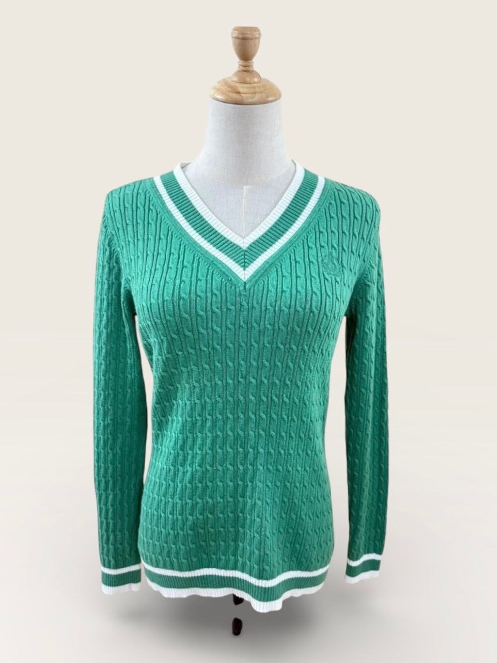 Liz Claiborne Green Cable Knit Sweater with Sporty White Stripe, Size M